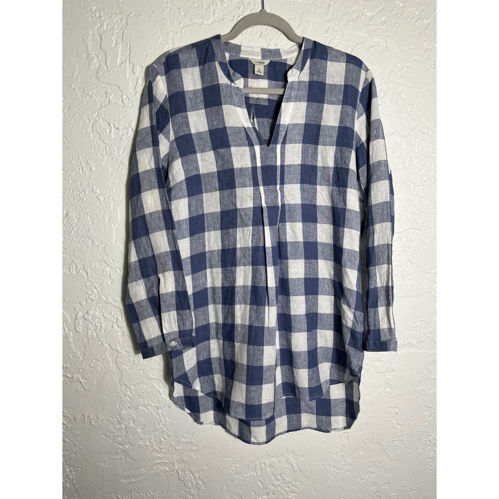 L.L.Bean 100% Linen Buffalo Plaid Tunic Blouse Blue White Size L Regular